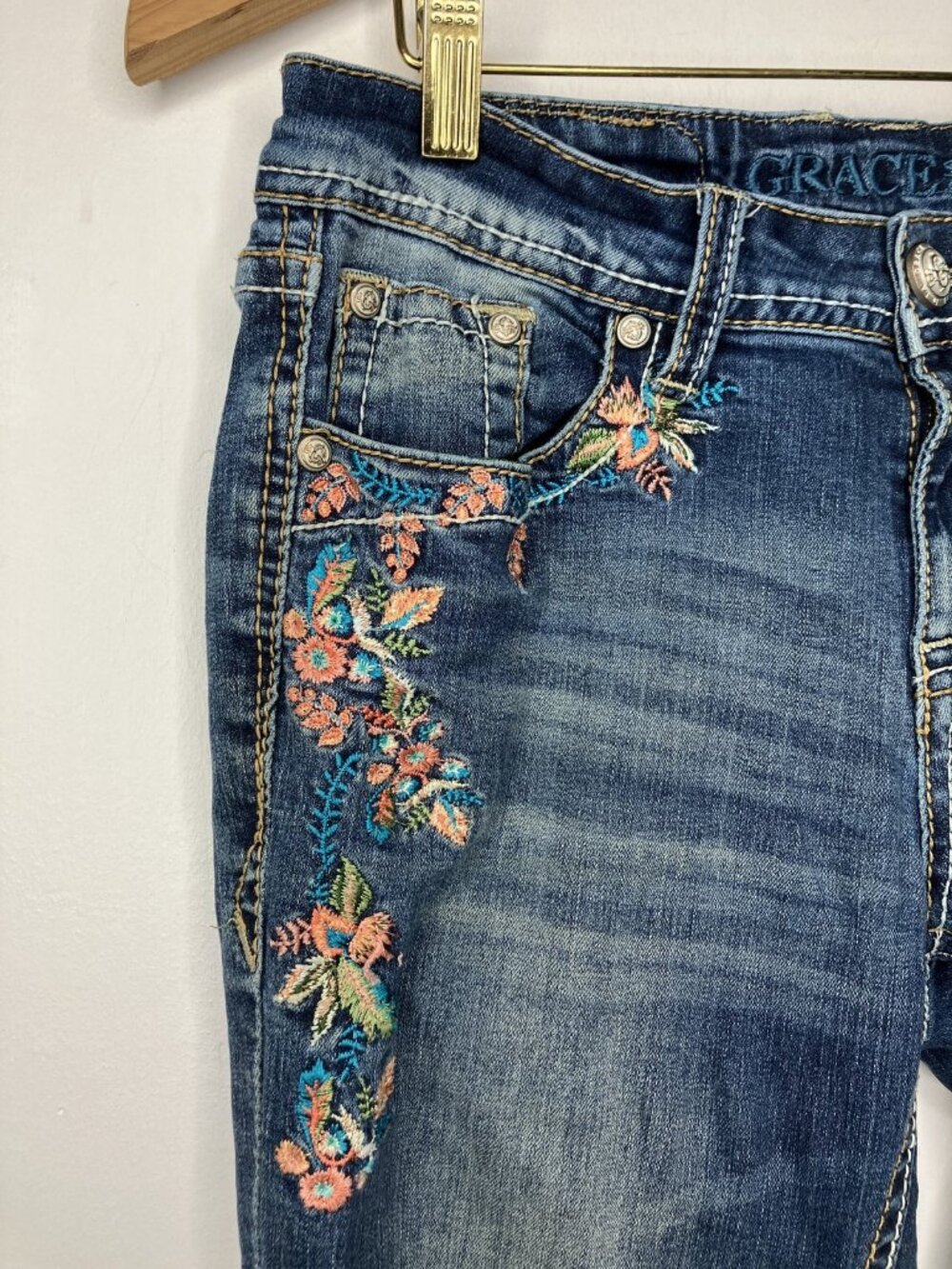 GRACE Women's Embroidered Floral Skinny Jeans Size 27 Mid Rise Stretch Denim Y2K - Picture 3 of 13